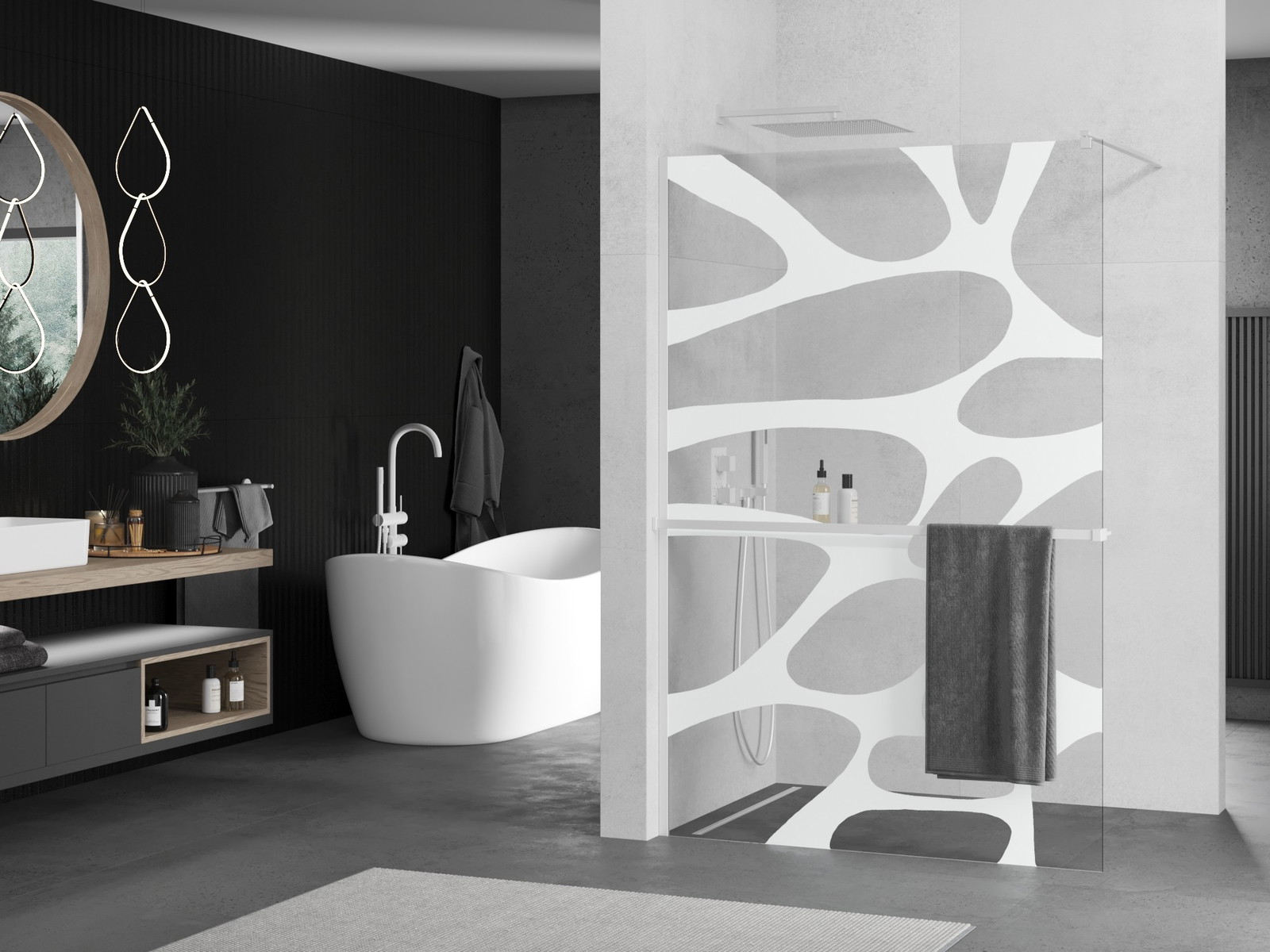 Mexen Kioto+ zuhanyfal polccal Walk-in 90 x 200 cm, fehér hullám, fehér - 800-090-121-20-97